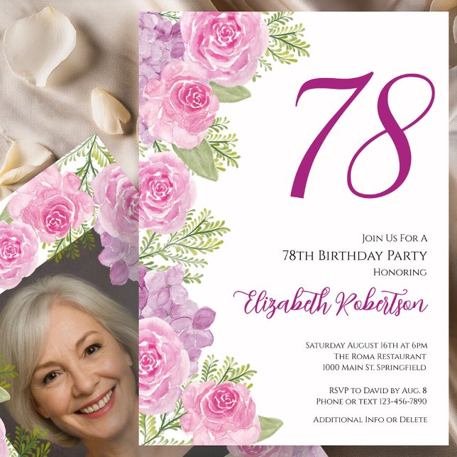 Convite Modelo de foto personalizado de rosas rosa para 78 (Criador carregado)