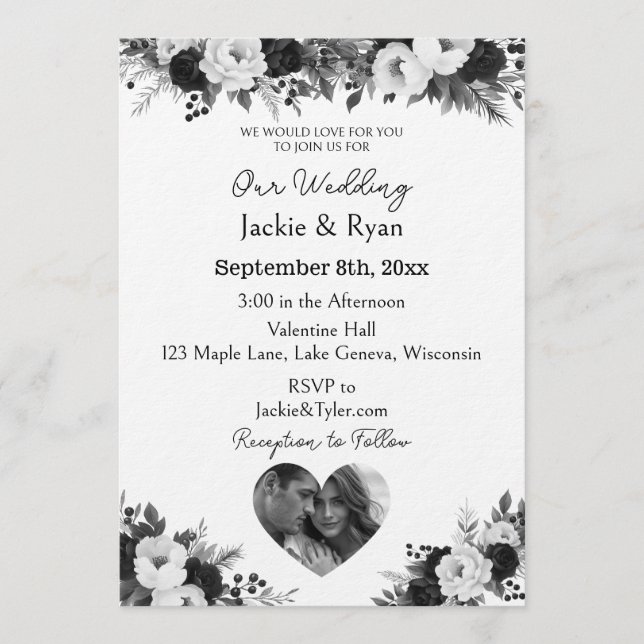Convite Modelo de Foto Preto e Branco Casamento Botânico  (Frente)