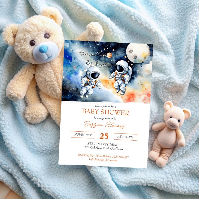 Convite Modelo de gêmeos astronautas do espaço externo (Outer space astronaut twins baby shower invitation editable template cute baby astronauts in space)