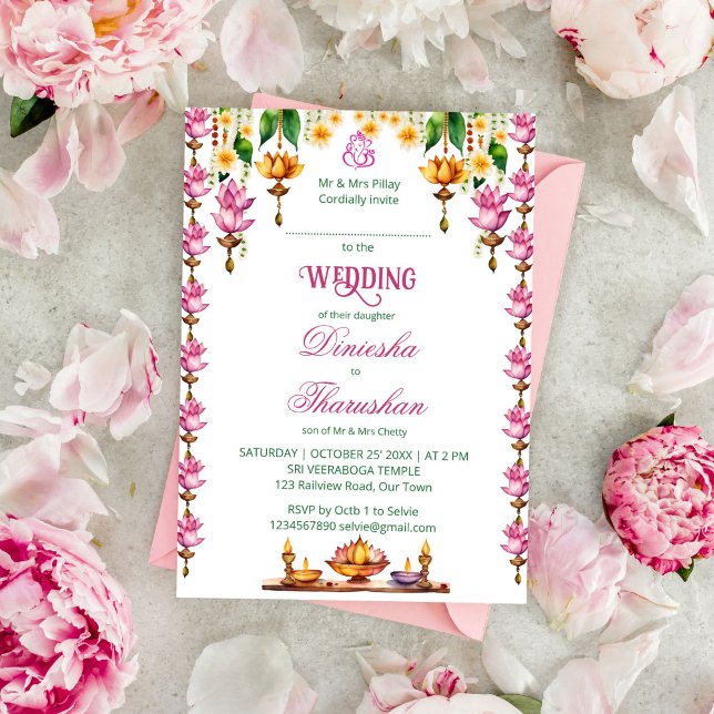 Convite Modelo de granadas de lótus de casamento do sul da (South Indian Tamil wedding template invitation instant digital download pink lotus diya  garlands)