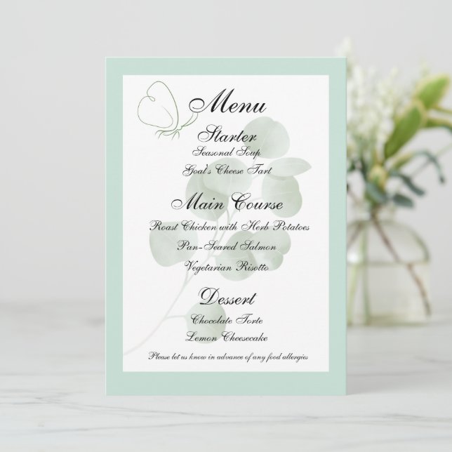 Convite Modelo de Menu de Casamento Boho com Eucalipto, Re (Em pé/Frente)