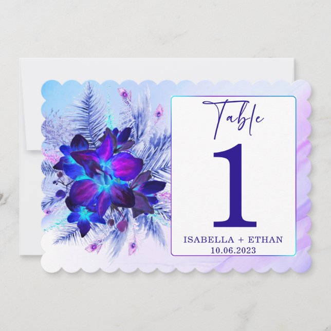 Convite modelo de número de mesa de casamento Blue Orchid (Frente)