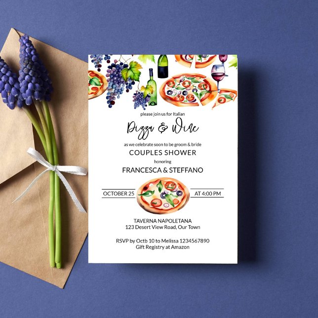 Convite Modelo de pizza e casal de vinho (Pizza and wine Italian themed couples shower template invitation instant download pizza wine bottle)