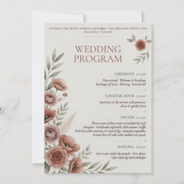 Convite Modelo de Programa de Casamento | Casamento Floral (Frente)