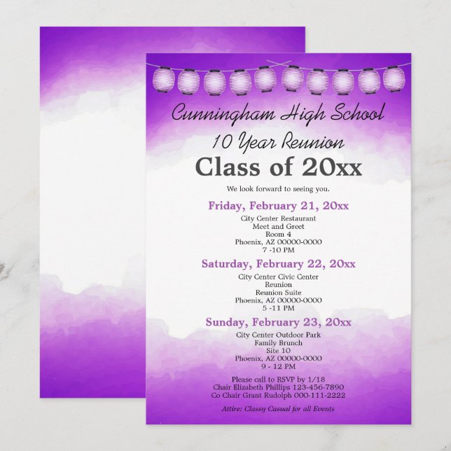 Convite Modelo de Reunião de Turma de Aquarela Roxa (Frente/Verso)