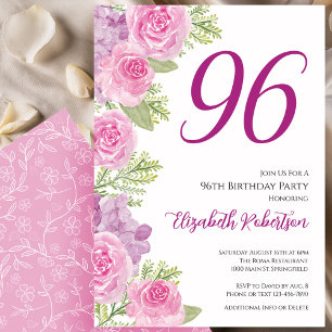 Convite Modelo de rosas cor-de-rosa para 96º aniversário