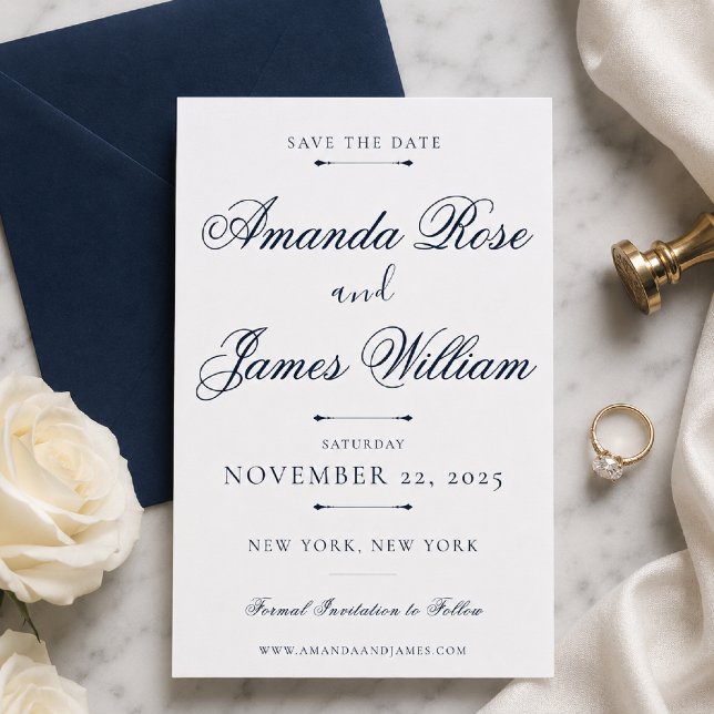 Convite Modelo de Salvar a Data de Casamento de Luxo Minim (Elegant navy Save the Date on marble with timeless luxury styling.)