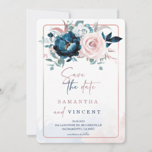 Convite Modelo de Salvar a Data em Rose Gold e Azul Marinh