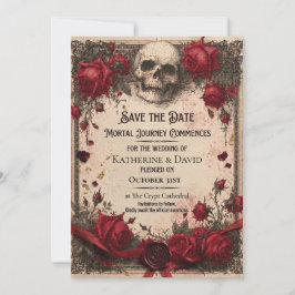 Convite Modelo de Save the Date Gótico com Caveira e Rosas