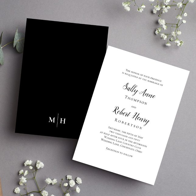 Convite Modelo de Script Simples Elegante Preto e Branco (Simple black and white calligraphy script wedding invitation.)