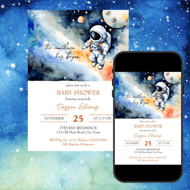 Convite Modelo do astronauta externo (Outer space astronaut baby shower editable template invitation digital download watercolor galaxy)