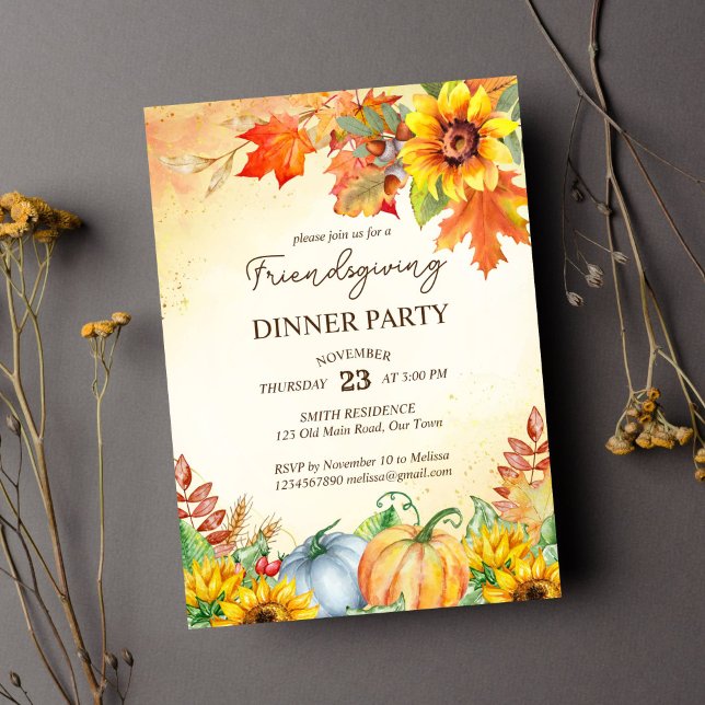 Convite Modelo do janto de ação de graças (Friendsgiving thanksgiving dinner party template invitation instant download watercolor pumpkins)