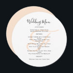 Convite Modelo do Menu Casamento Monograma Redondo<br><div class="desc">Redondo, ou quadrado, modelo de menu de casamento com monograma inicial em branco, ou cor de pêssego. Os cartões brancos têm um script preto para o título e o texto impresso para a lista de menus. Use espaços e letras maiúsculas para seções ou altere o texto conforme necessário. O monograma...</div>