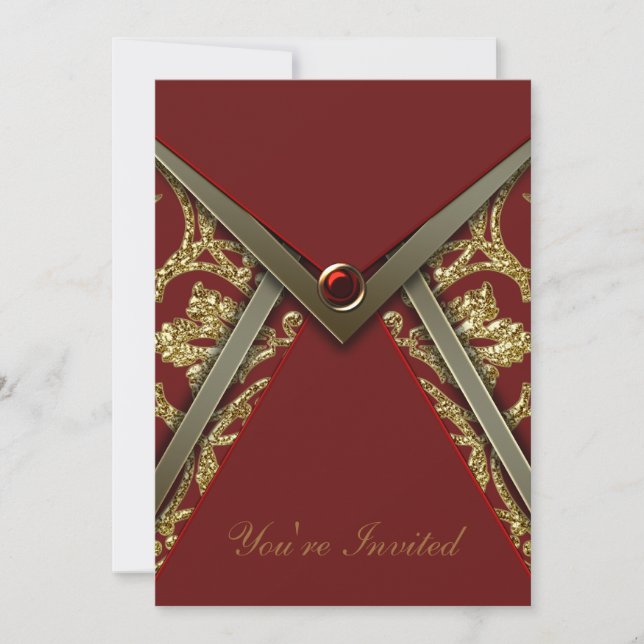 Convite Modelo Dourado do Damasco Vermelho (Frente)