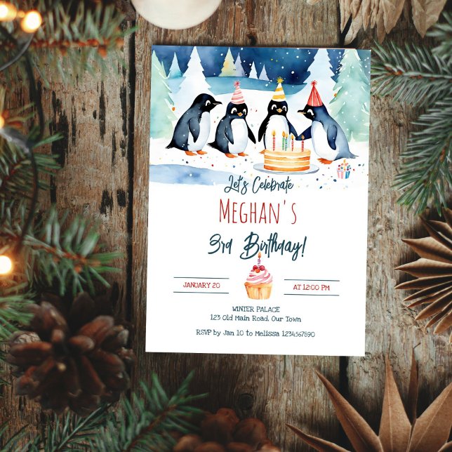 Convite Modelo editável de aniversário do Pinguim Ártico d (Penguin arctic winter birthday editable template invitation digital download watercolor winter party)
