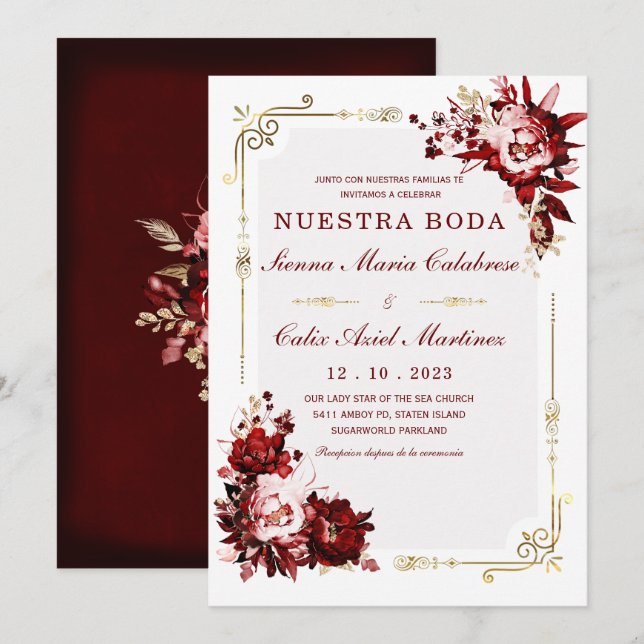Convite Modelo Editável de Casamento em Bordeaux e Dourado (Frente/Verso)