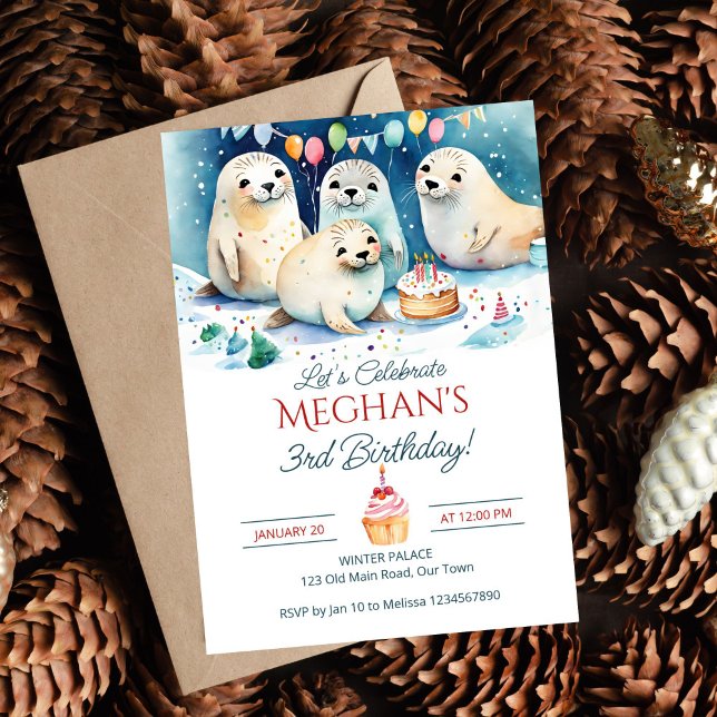 Convite Modelo editável para o inverno do selo do Ártico (Arctic seal winter birthday party editable template invitation digital download cute baby seals cake)