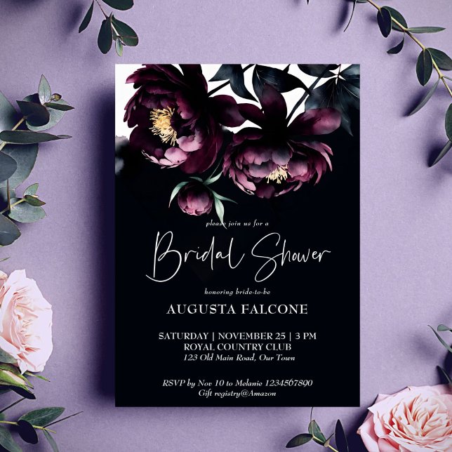 Convite Modelo elegante de chá de panela de som escuro (Dark moody noir elegant bridal shower editable template invitation digital download burgundy peonies)