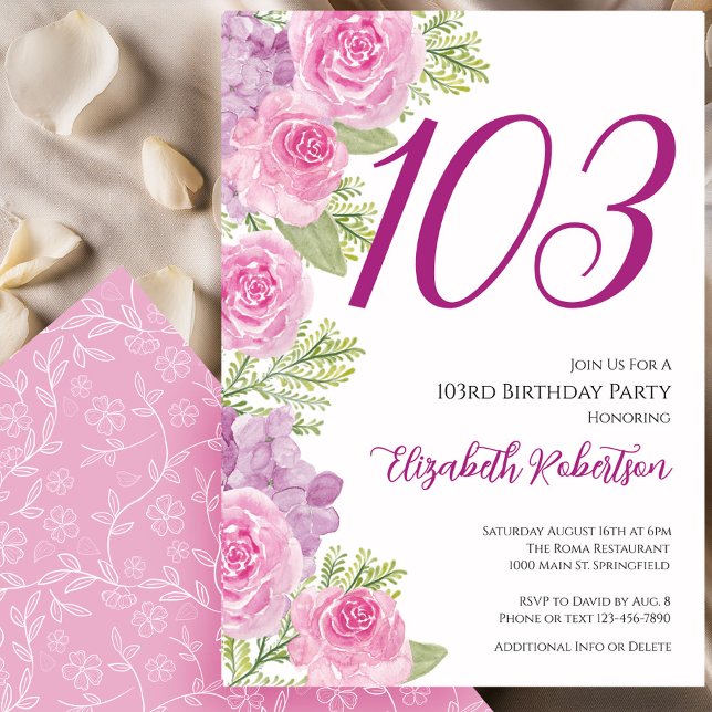 Convite Modelo Floral de Rosas Cor-de-Rosa para 103º Anive (Criador carregado)