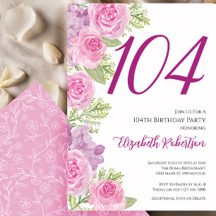 Convite Modelo Floral de Rosas Rosa para 104º Aniversário