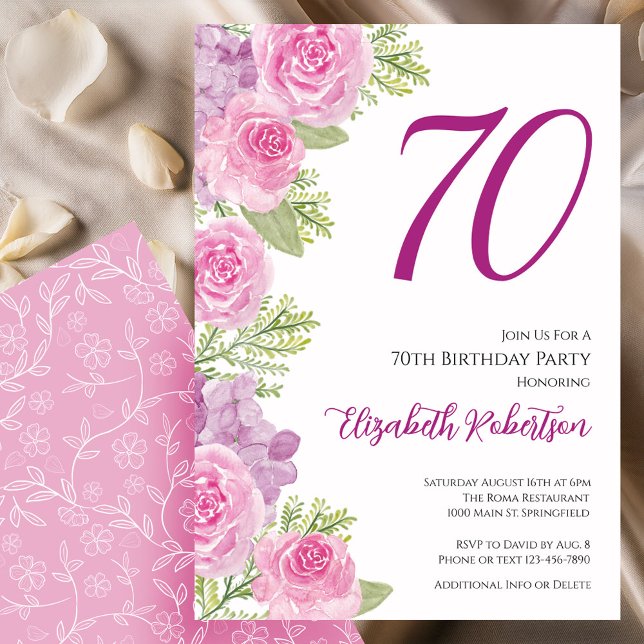 Convite Modelo Floral de Rosas Rosa para 70º Aniversário (Criador carregado)