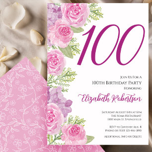 Convite Modelo Floral de Rosas Rosadas para 100º Aniversár