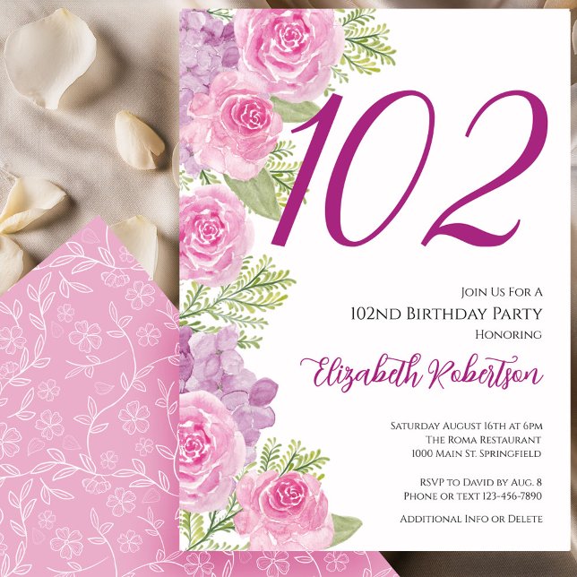 Convite Modelo Floral de Rosas Rosadas para 102º Aniversár (Criador carregado)
