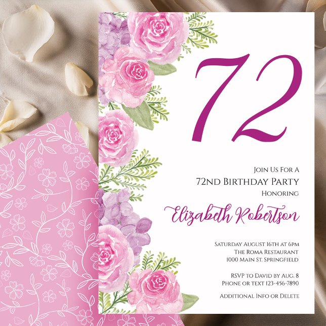Convite Modelo Floral de Rosas Rosadas para 72º Aniversári (Criador carregado)