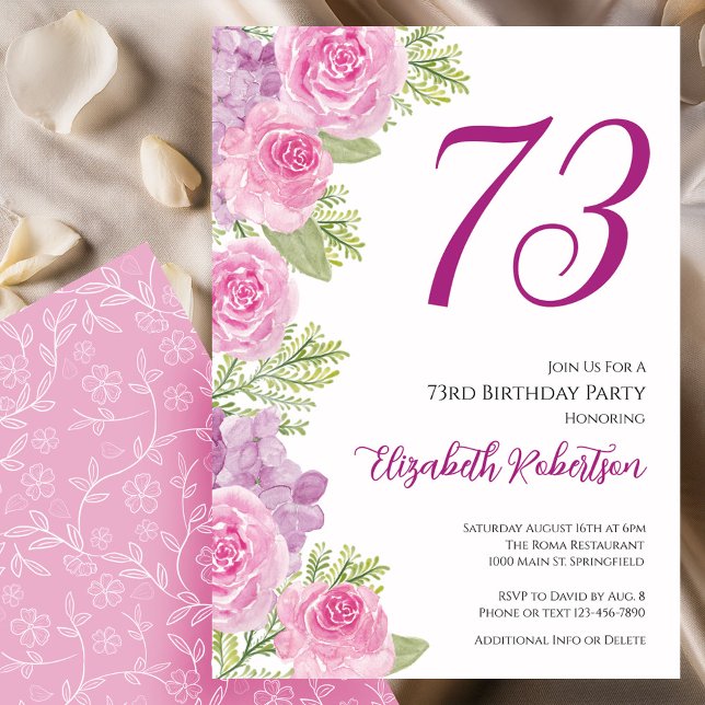 Convite Modelo Floral de Rosas Rosadas para 73º Aniversári (Criador carregado)