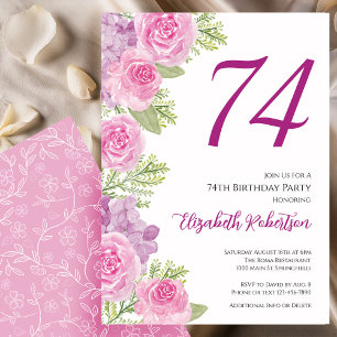 Convite Modelo Floral de Rosas Rosadas para 74º Aniversári