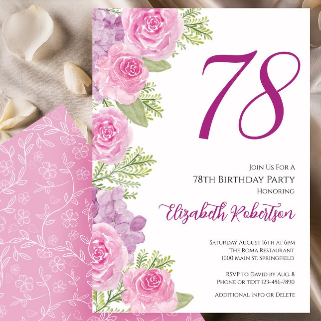 Convite Modelo Floral de Rosas Rosadas para 78º Aniversári (Criador carregado)