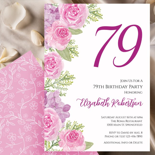 Convite Modelo Floral de Rosas Rosadas para 79º Aniversári (Criador carregado)