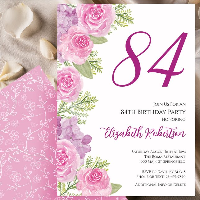 Convite Modelo Floral de Rosas Rosadas para 84º Aniversári (Criador carregado)