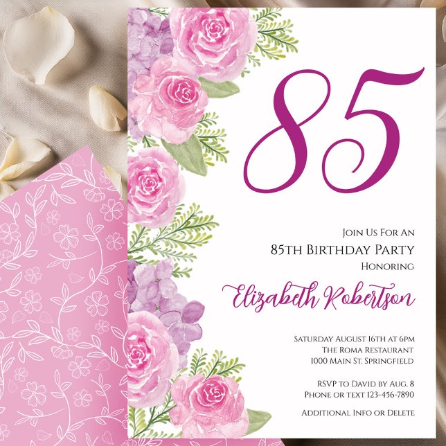 Convite Modelo Floral de Rosas Rosadas para 85º Aniversári (Criador carregado)
