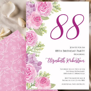 Convite Modelo Floral de Rosas Rosadas para 88º Aniversári
