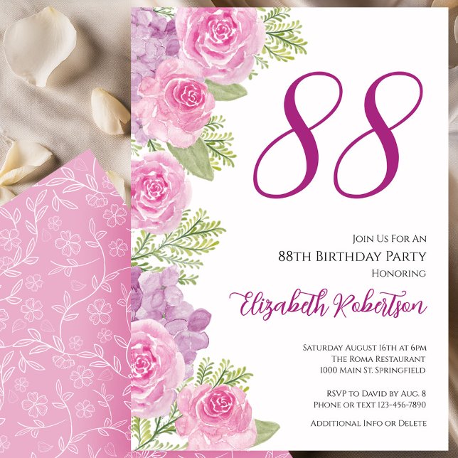 Convite Modelo Floral de Rosas Rosadas para 88º Aniversári (Criador carregado)
