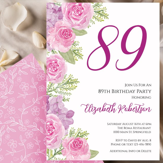Convite Modelo Floral de Rosas Rosadas para 89º Aniversári (Criador carregado)