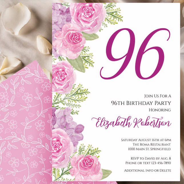 Convite Modelo Floral de Rosas Rosadas para 96º Aniversári (Criador carregado)