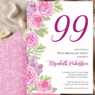 Convite Modelo Floral de Rosas Rosadas para 99º Aniversári