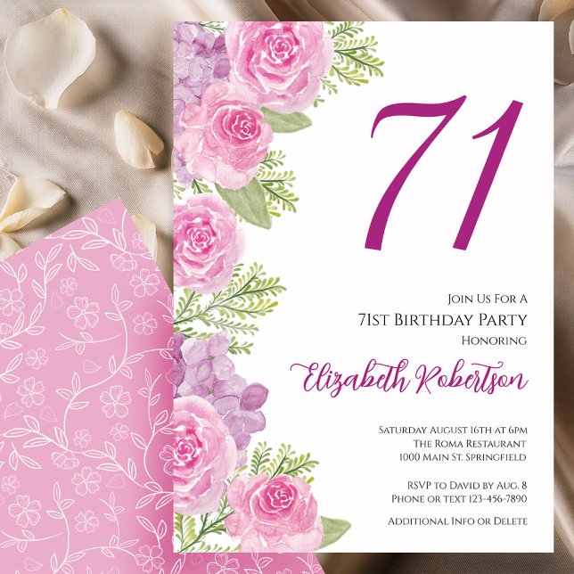 Convite Modelo Floral de Rosas Rosas para 71º Aniversário (Criador carregado)