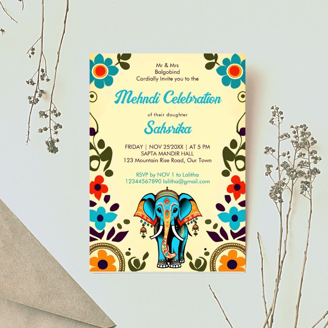 Convite Modelo mehndi, elefante de casamento índio (Cute Indian wedding cute elephant Mehndi editable template invitation digital download groovy retro)