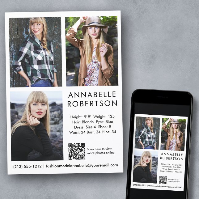 Convite Modelo Moderno Ator 3 Fotografias QR Code Comp Car (Customize to change background color, text size, style or to add more photos to back of card.)