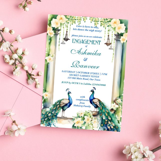 Convite Modelo noivado de Peacock e Jasmine (Peacock and jasmine Indian wedding engagement template editable invitation instant digital download)