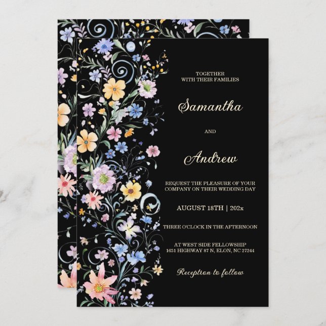 Convite Modelo Preto de Casamento de Flores Silvestres Rús (Frente/Verso)