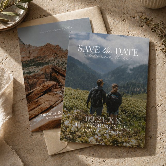 Convite Modelo Vertical Moderno Dupla Face Foto Save The D (Modern Vertical Double-sided Photo Save The Date Invitation)