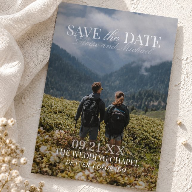 Convite Modelo Vertical Moderno Dupla Face Foto Save The D (Modern Vertical Double-sided Photo Save The Date Invitation)