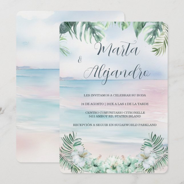 Convite Modelos de casamento tropicais em aquarela (Frente/Verso)