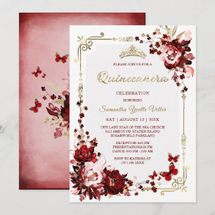 Convite Modelos de Quinceanera Burgundy e Dourado