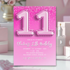 Convite Modern 11th Birthday Girl with Pink Number Balloon