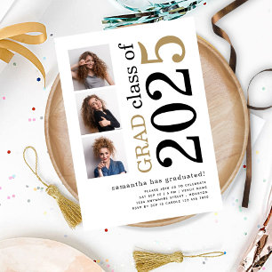 Convite Modern 3 fotos Black Dourado 2022 White Graduation
